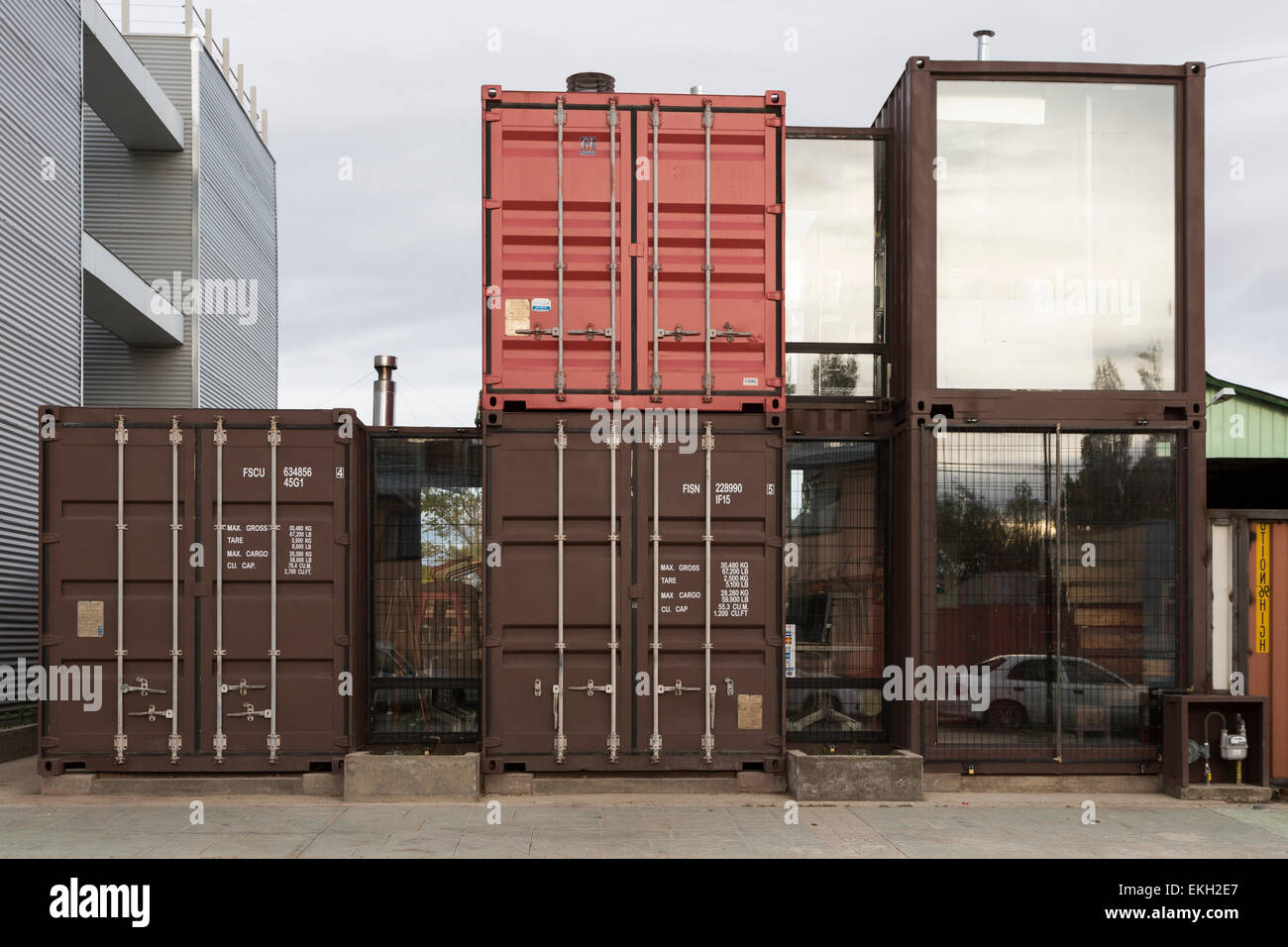Hotel IF Patagonia, architect-designed restaurant built out of containers.  Puerto Natales, Chile Stock Photo
