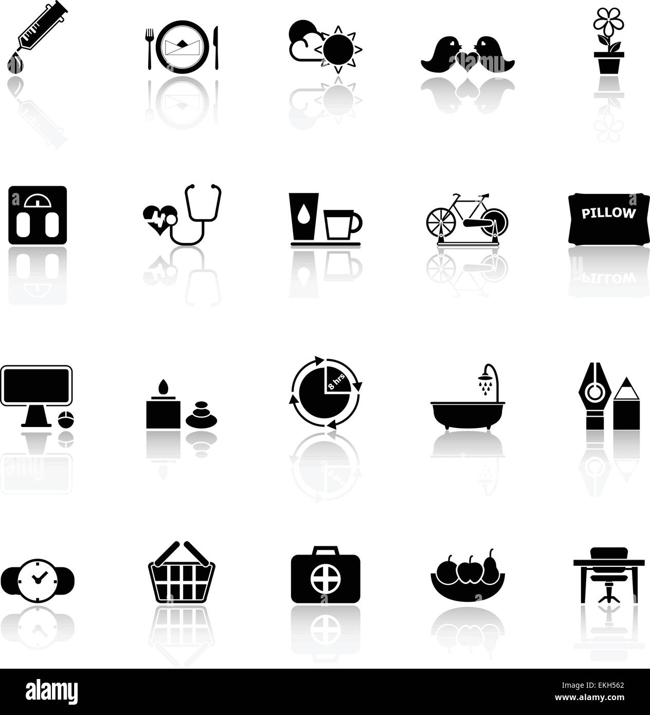 Health behavior icons with reflect on white background, stock vector Stock Vector