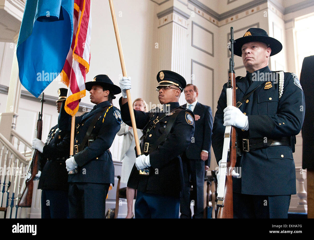 052313: Washington, DC — U.S. Customs and Border Protection took part in the honor guard (far right) when Secretary of Homeland Security Janet Napolitano hosted the first U.S. Department of Homeland Security (DHS) Portrait Unveiling Ceremony in honor of Governor Tom Ridge (seen in rear)—our nation’s first Secretary of Homeland Security.  Barry Bahler Stock Photo