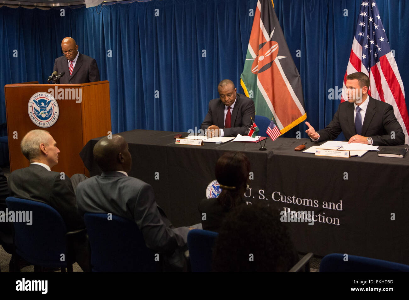 Mr. Henry Rotich, Cabinet Member of the Treasury, Republic of Kenya (left) and Mr. Kevin McAleenan, Acting Deputy Commissioner, Customs and Border Protection (right) sign a Customs Mutual Assistance Agreement at a ceremony in Washington D.C. photos by James Tourtellotte Stock Photo