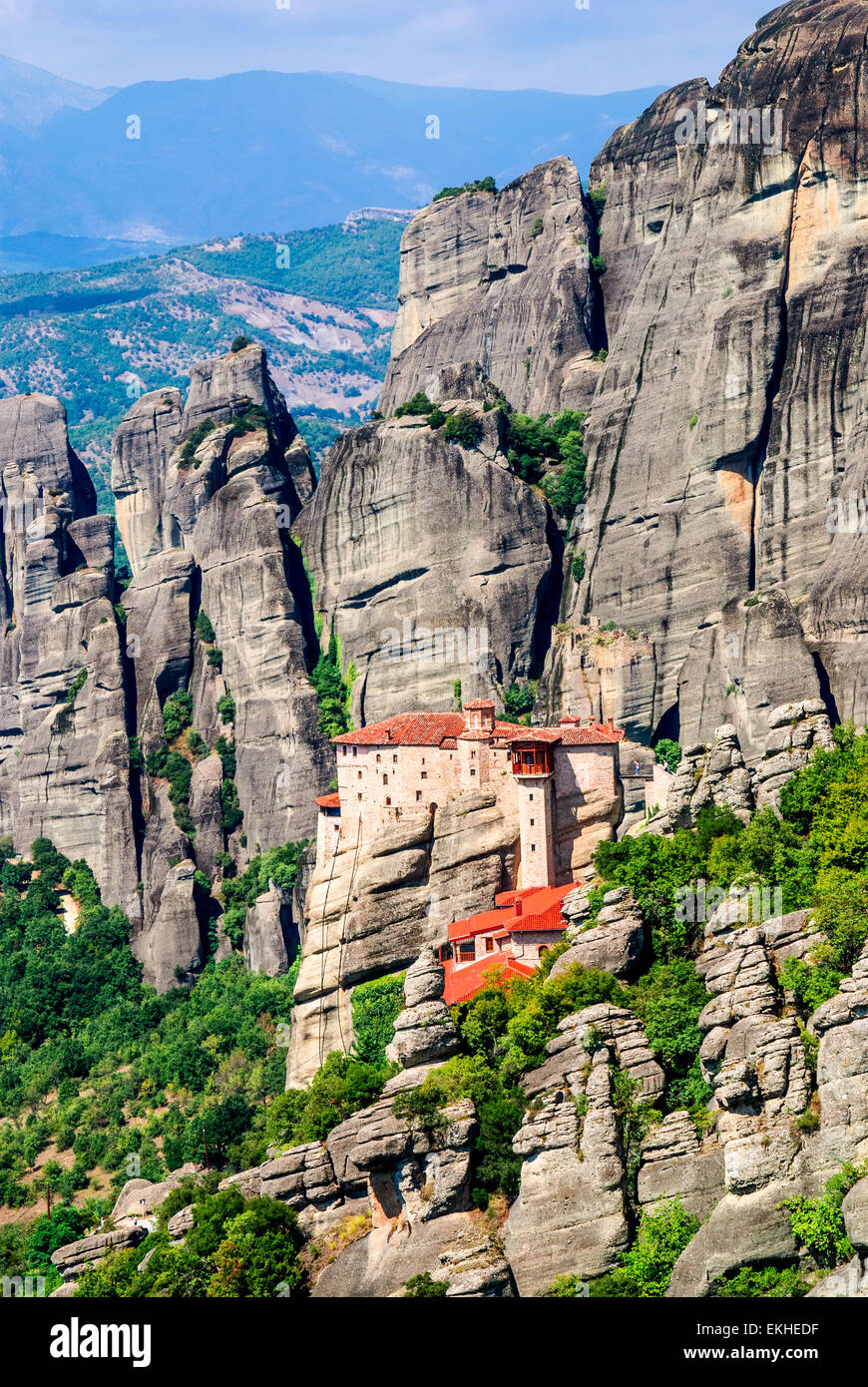 Meteora, Greece. Mountain scenery with Meteora rocks and Roussanou  Monastery, landscape place of monasteries on the rock Stock Photo - Alamy