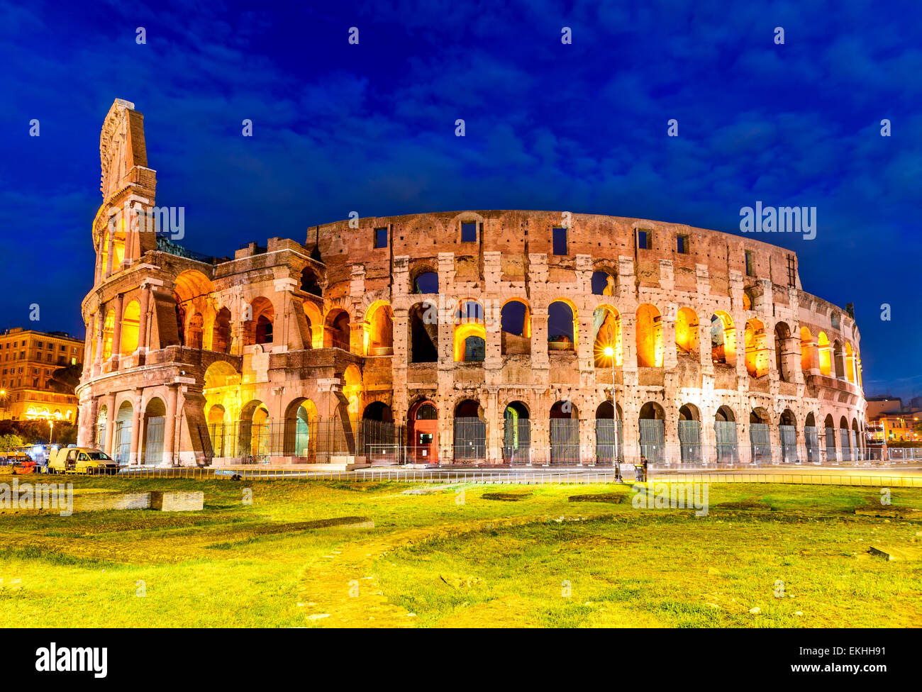 Colosseum, Rome, Italy. Twilight view of Colosseo in Rome, elliptical largest amphitheatre of Roman Empire ancient civilization. Stock Photo