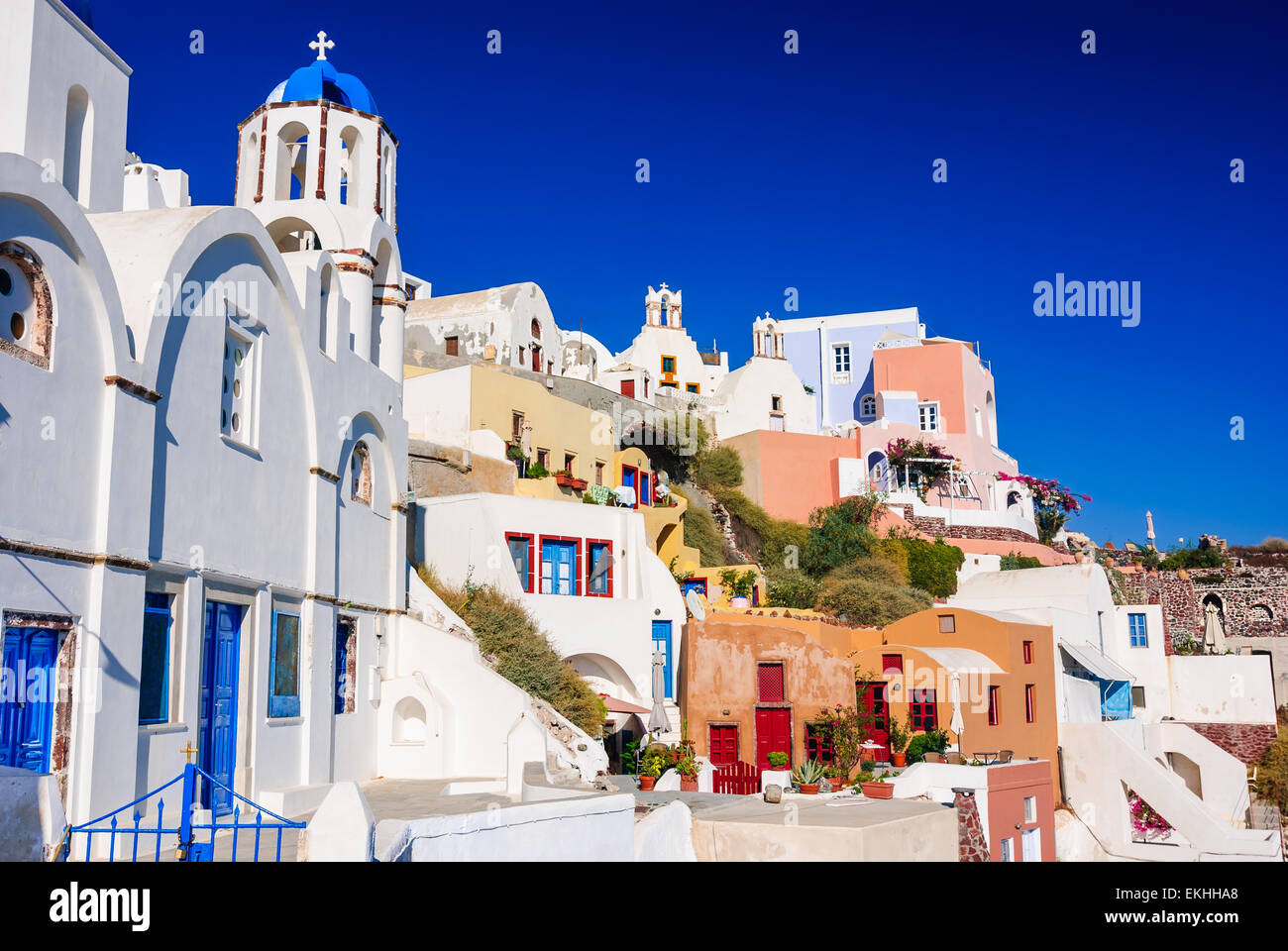 Santorini, Greece. Amazing landscape of  Greek Islands with Oia village blue and colorful houses in Aegean Sea Stock Photo