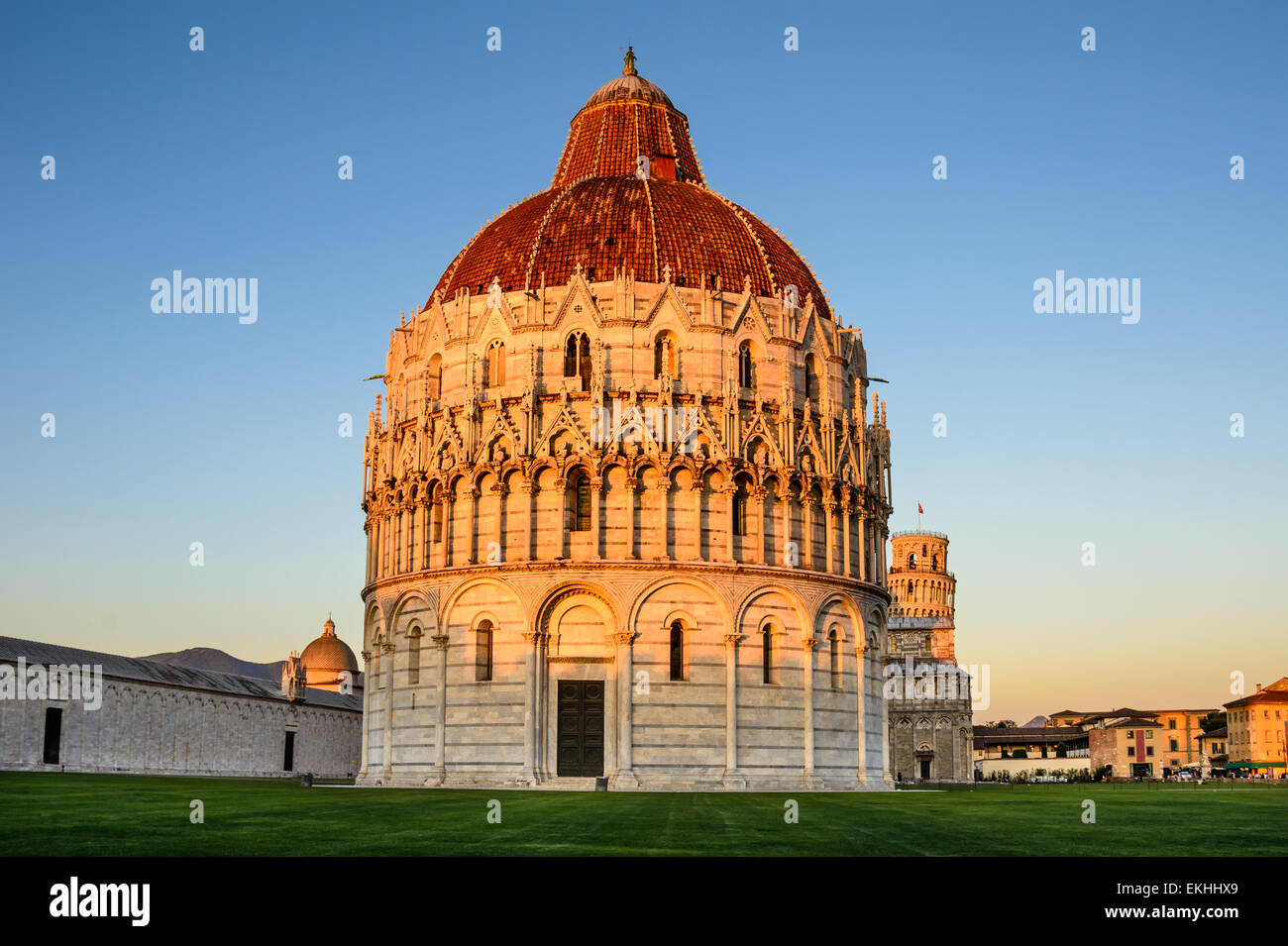 Campo dei Miracoli with Baptistery and Leaning Tower in Pisa, Tuscany, Italy. Stock Photo