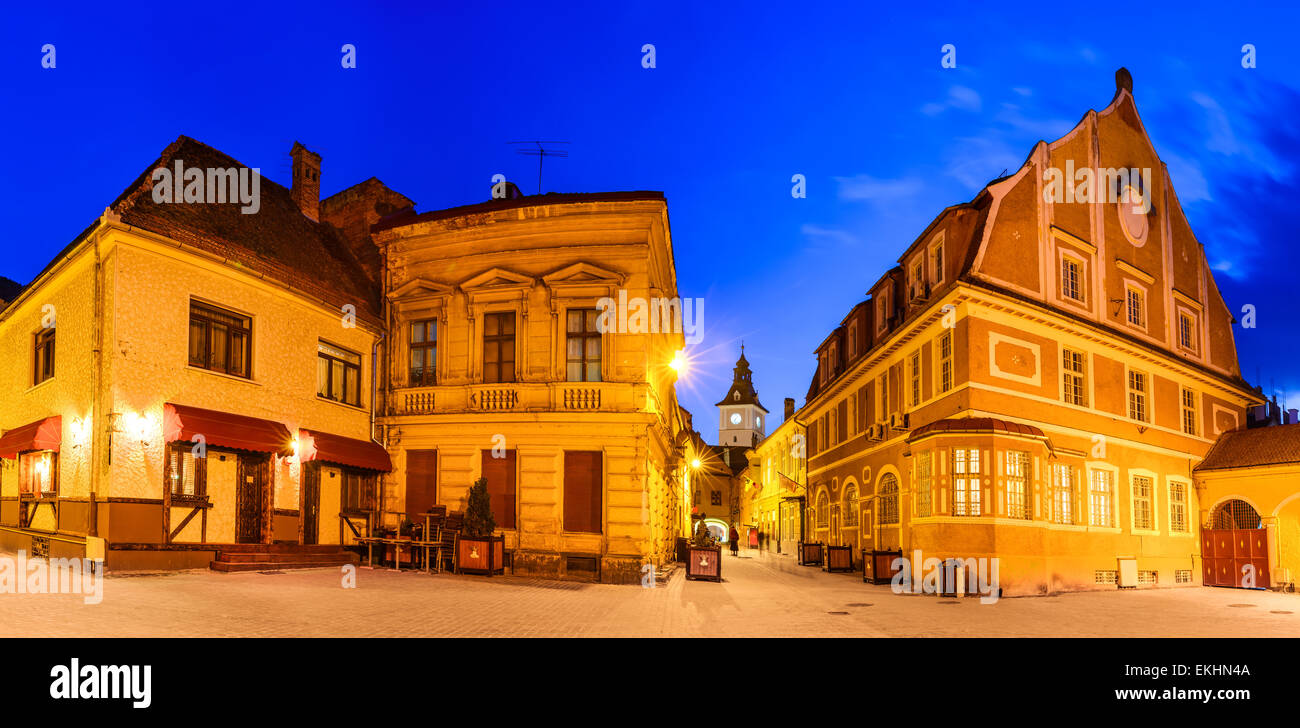 Brasov, Romania. Night image of Enescu Square and Council House tower