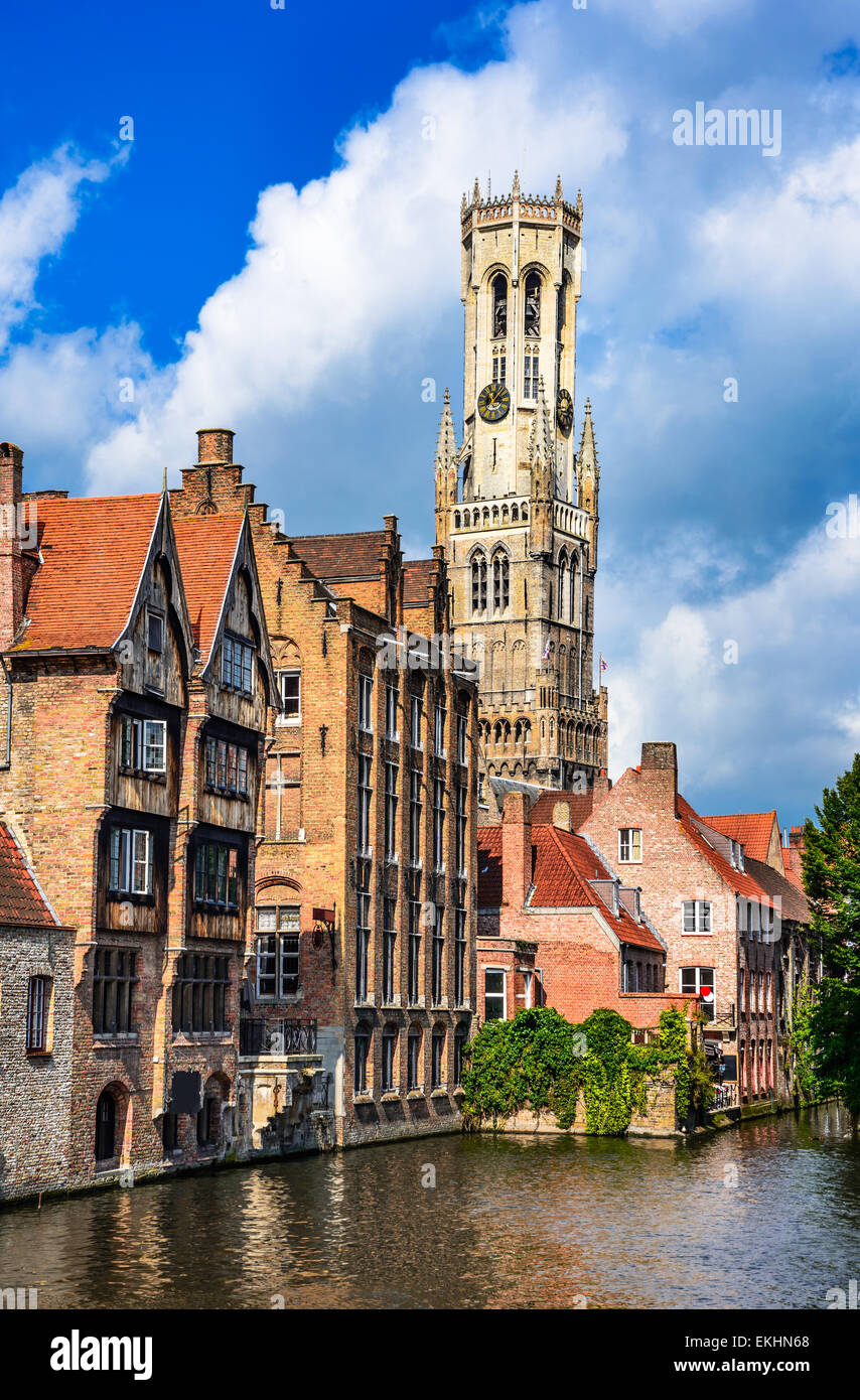 Bruges, Belgium. Image with Belfort (Belfry) tower and Rozenhoedkaai famous place in Brugge. Dijver river canal Flanders landmar Stock Photo