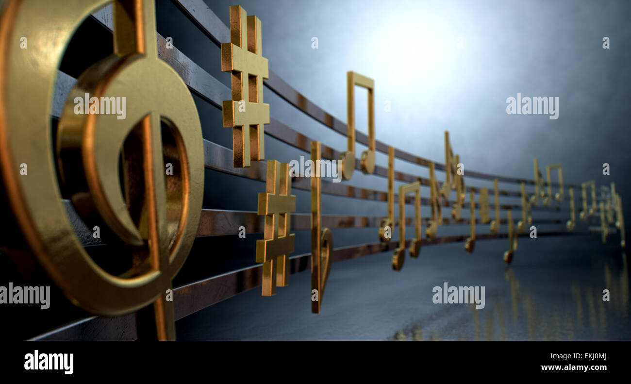 A concept showing literal gold metallic music symbols and notes on the five wavy octave lines on a spotlit background Stock Photo