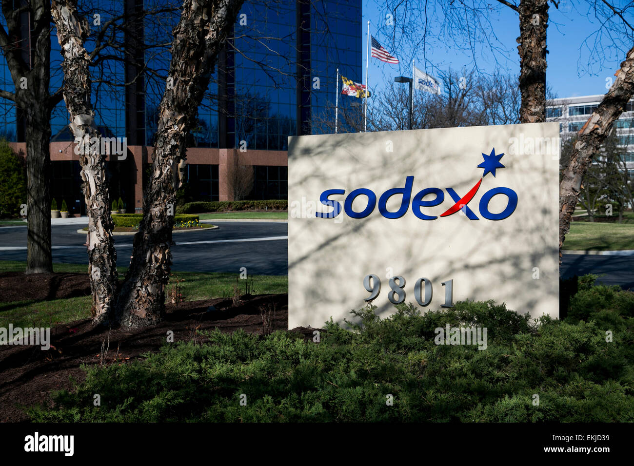 A logo sign outside the U.S. headquarters of Sodexo. Stock Photo