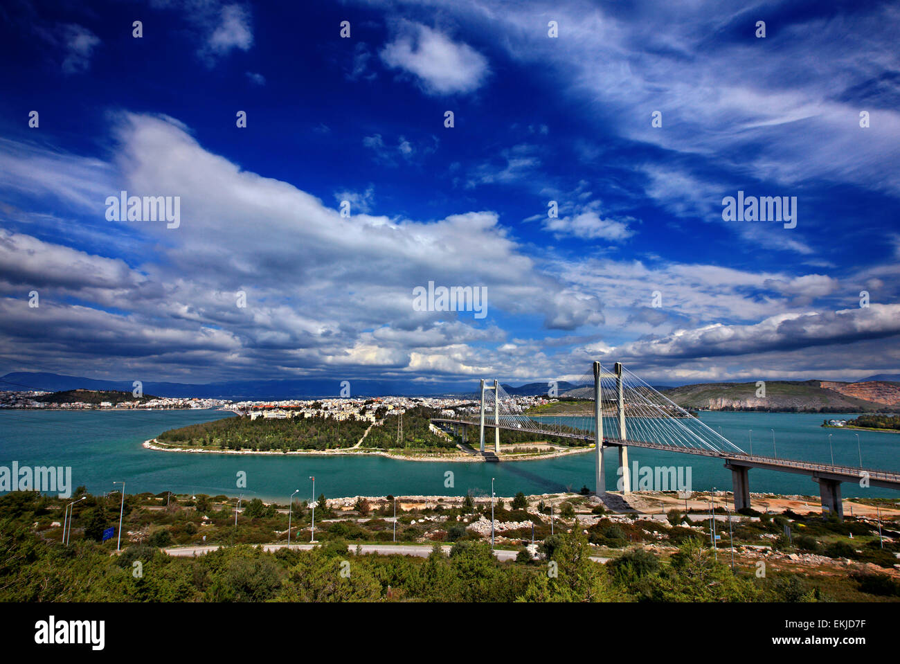 The High Bridge of Evripos and Chalkis ('Chalkida') town, Evia ('Euboea') island, Greece. Stock Photo