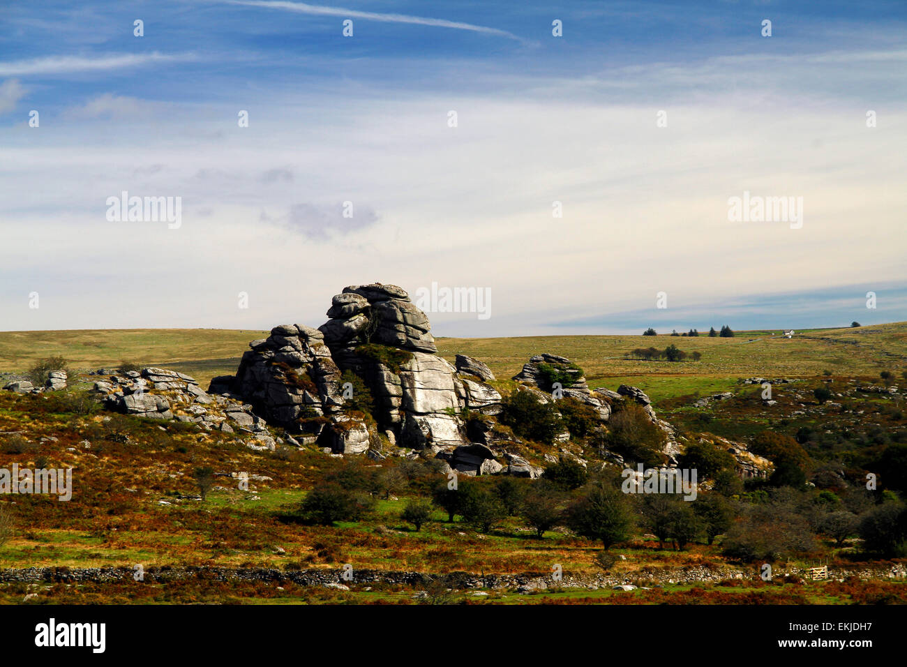 Vixen Tor dartmoor privately owned moorland closed to the public due to insurance issues. Sheer granite rock face landscape Stock Photo