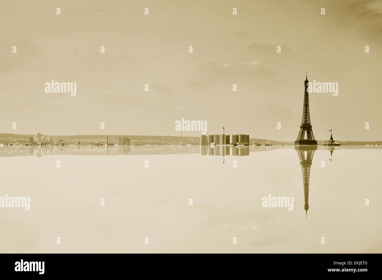 skyline of Paris, France, with the Eiffel Tower in the background with reflection, in sepia toning Stock Photo
