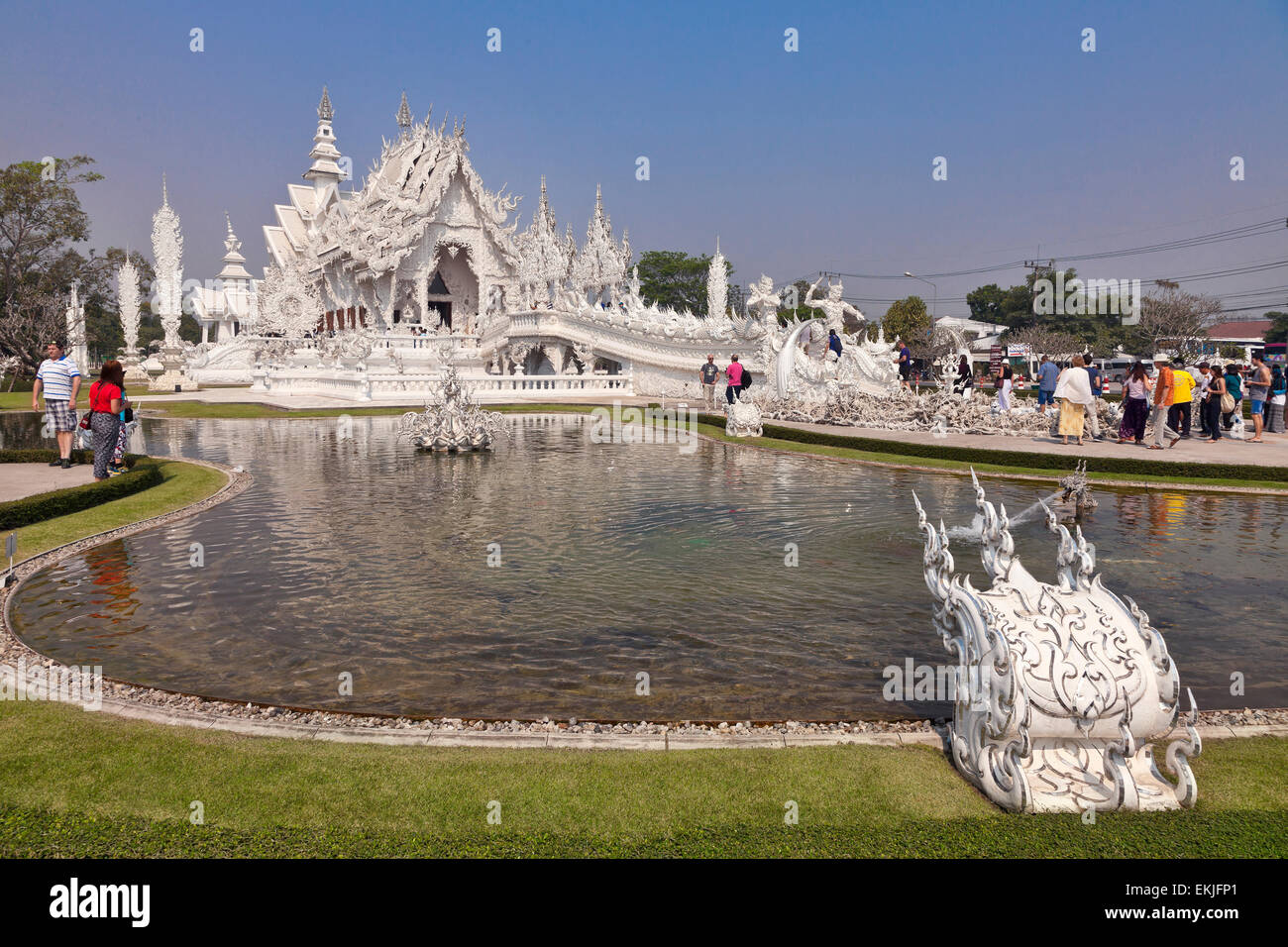 The White Temple or Wat Rong Khun created by Chalermchai Kositpipat, Thai artist. Located 13km south of Chiang Rai Stock Photo