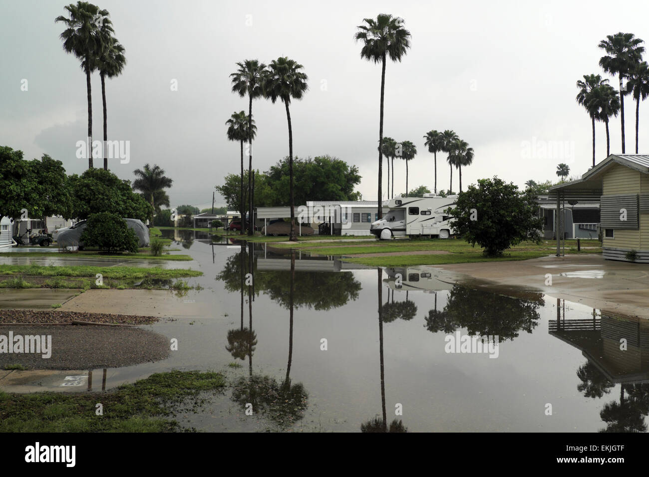 April flooding in a mobile home/RV Park in Mission, Texas, USA Stock Photo