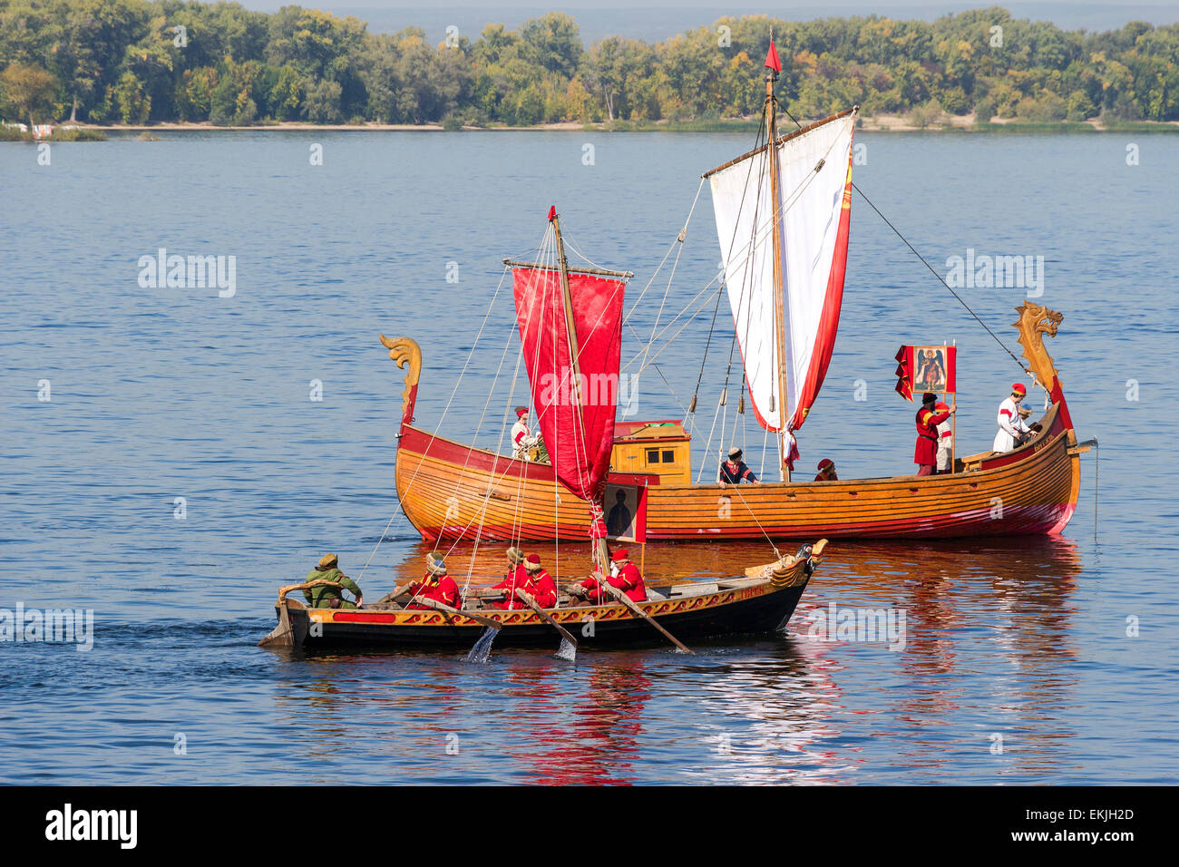 Old sailing ships floating on the river Volga on sunny day Stock Photo