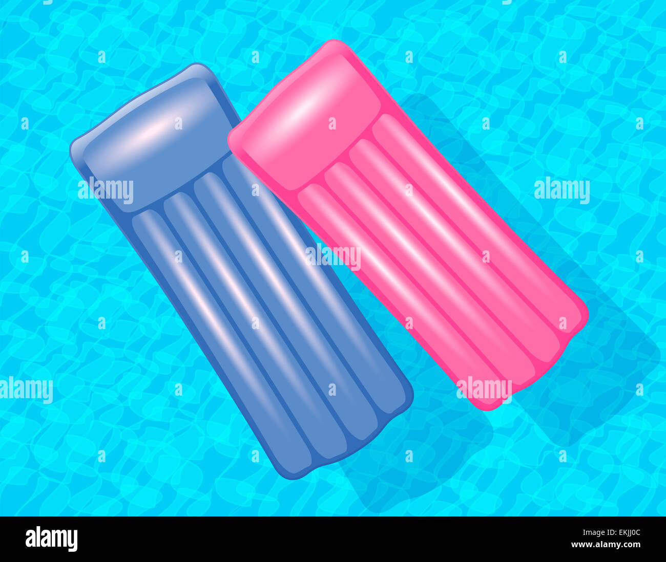 Two air mattresses in love, floating on azure water, as a symbol for a