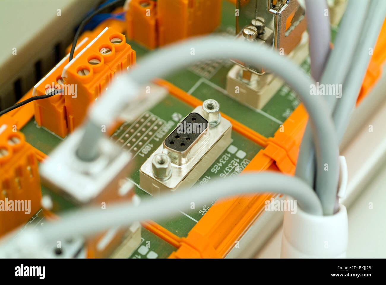 Panel with connectors, cables and modules Stock Photo