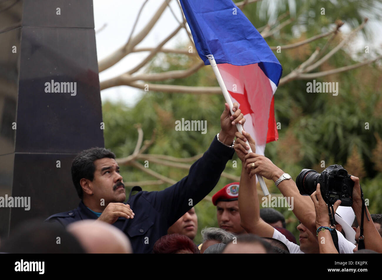 Panama City, Panama. 10th Apr, 2015. Venezuelan President Nicolas Maduro attends a tribute to civilians killed in the US military action against Panama in the neighborhood of El Chorrillo, in Panama City, capital of Panama, on April 10, 2015. Nicolas Maduro is in Panama to attend the 7th Summit of the Americas held from April 10 to 11. © Mauricio Valenzuela/Xinhua/Alamy Live News Stock Photo