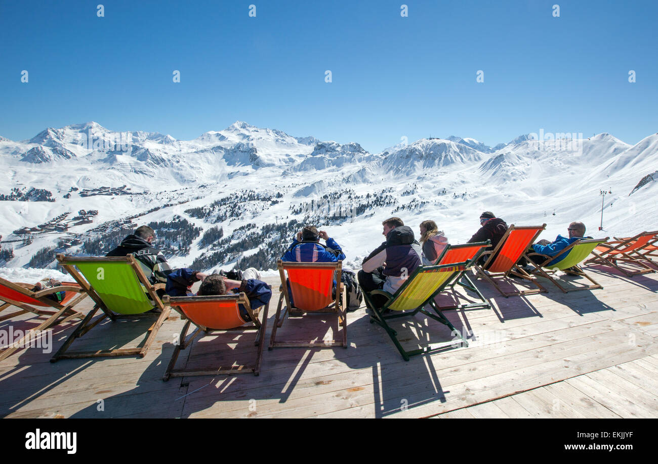 Skiers sitting in A Mountain Cafe La Plagne France Stock Photo