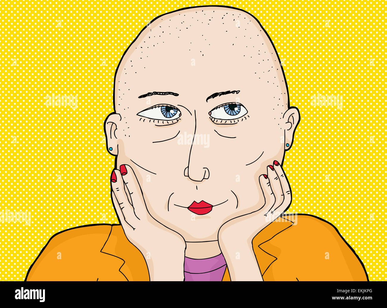 Cartoon of thoughtful grinning lady with shaved head Stock Photo. 