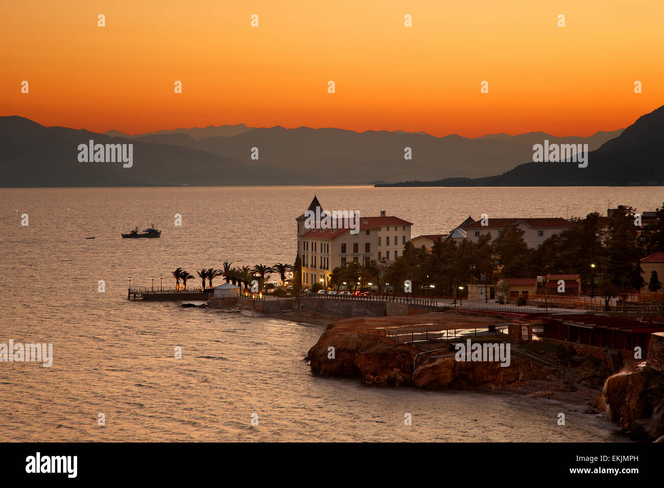 'Thermae Sylla Spa', the most famous building of Edipsos ('Aidipsos') town, North Evia ('Euboea') island, Greece. Stock Photo