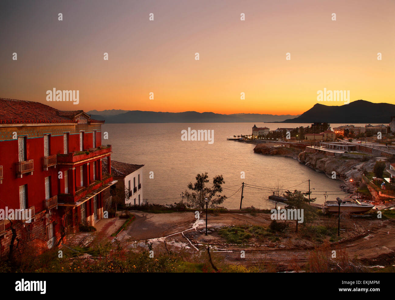 Sunset at  Edipsos ('Aidipsos') town, North Evia ('Euboea') island, Greece. Stock Photo