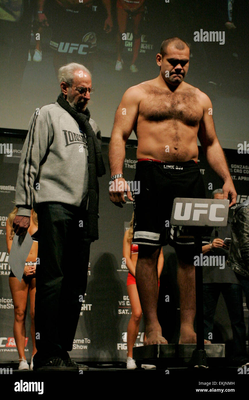 Kraków, Poland. 10th April, 2015. Gabriel Gonzaga Weighs in at 232 LBS before thier fight with Mirko Cro Cop ahead of UFC Fight Night: GONZAGA VS. CRO COP 2 at TAURON Arena Weighs in at before thier fight with ahead of UFC Fight Night: GONZAGA VS. CRO COP 2 at TAURON Arena Credit:  Dan Cooke/Alamy Live News Stock Photo