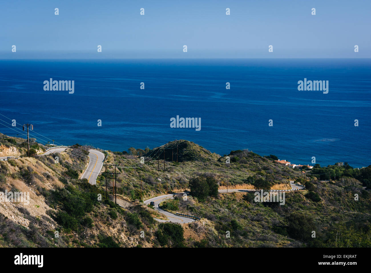 View of the Pacific Ocean and curves on Decker Canyon Road, in Malibu