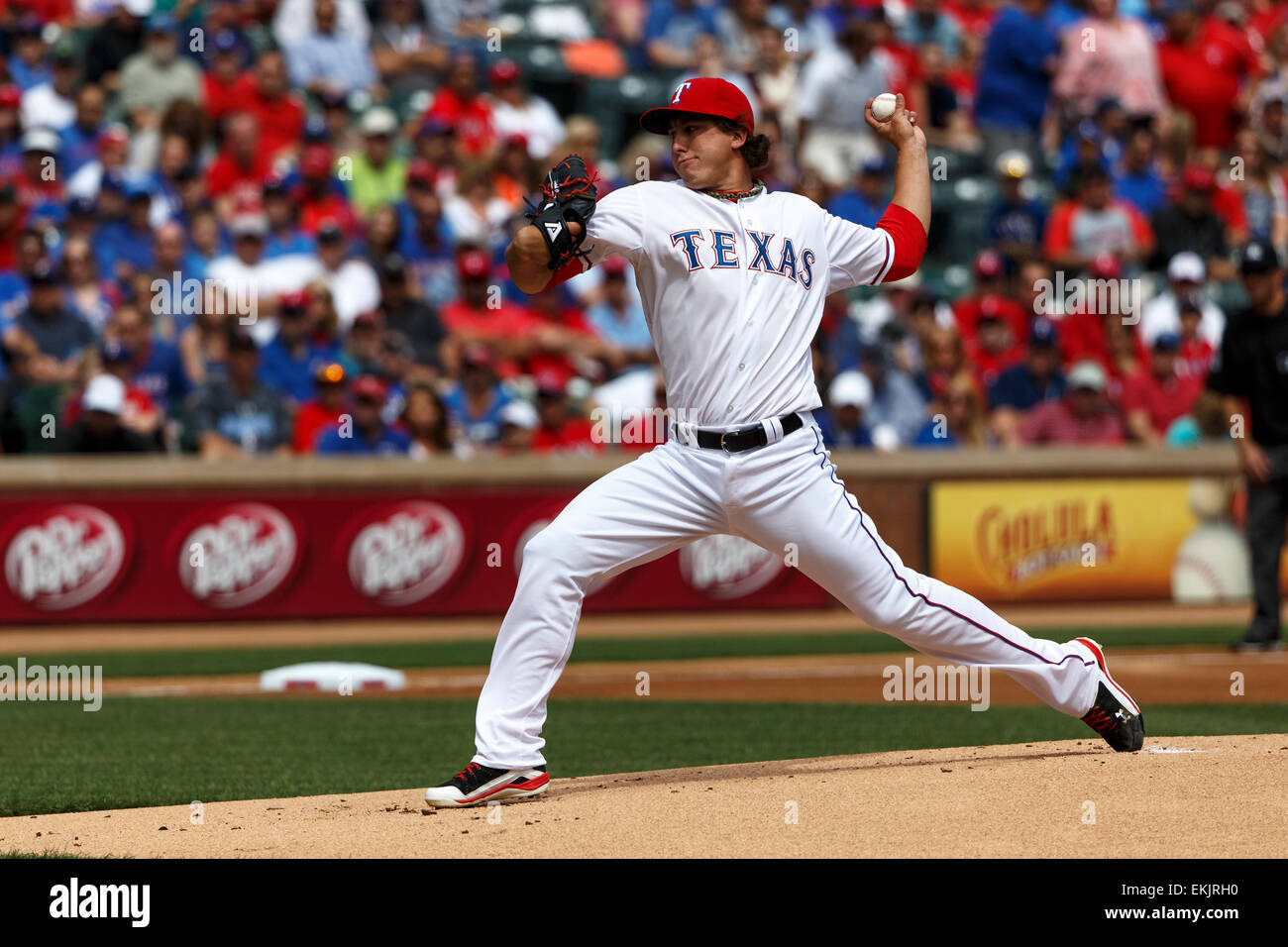 Arlington, TX, USA. 10th Apr, 2015. Texas Rangers starting pitcher ...