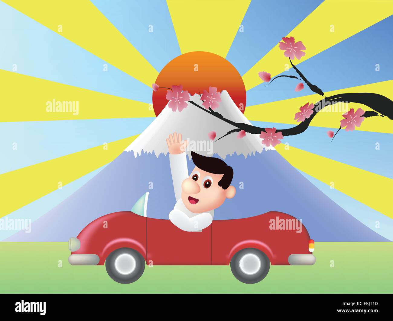 Red car in front of Fuji mountain with big red sun Stock Vector