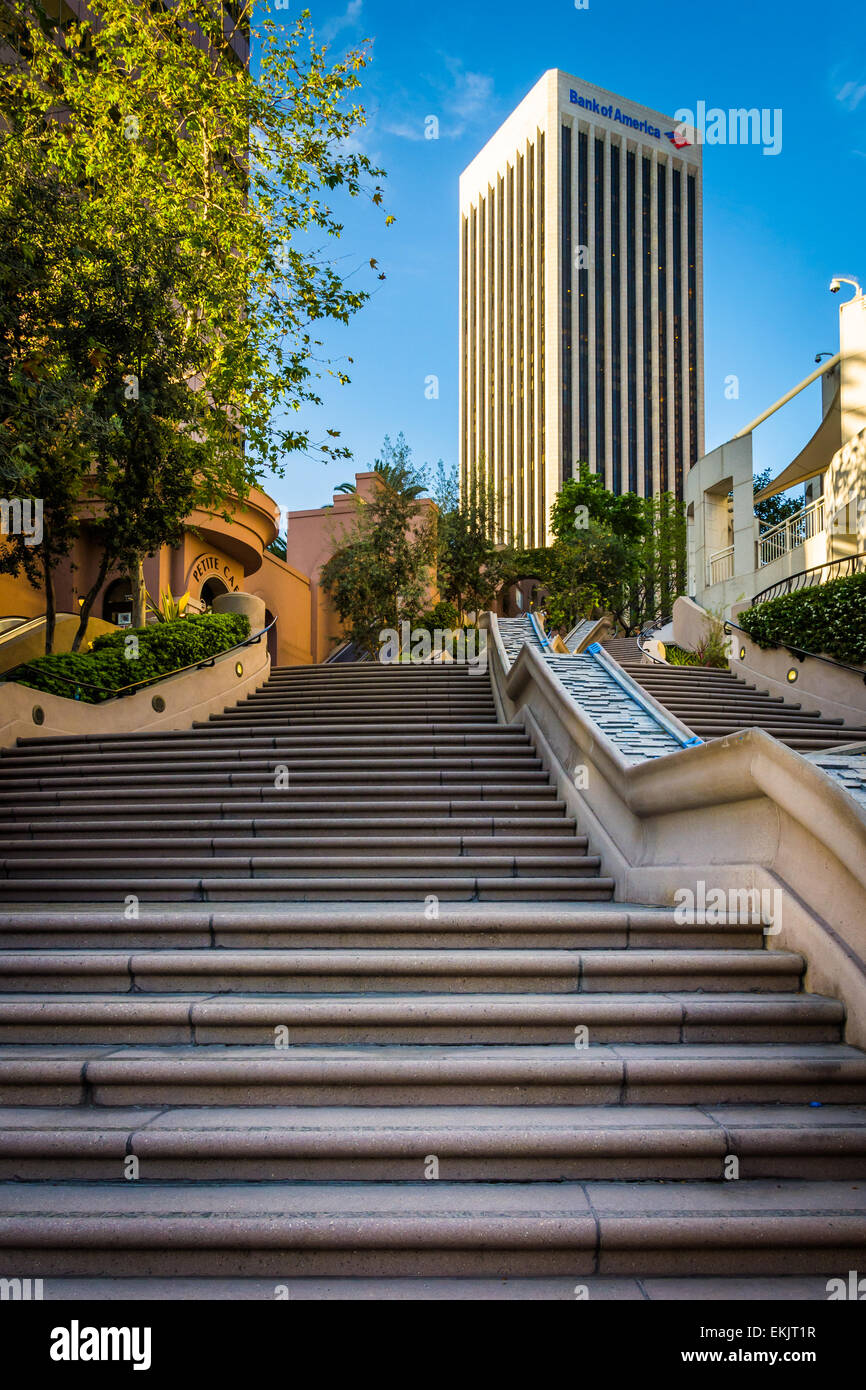 Stairs and a skyscraper in the Financial District, in Los Angeles