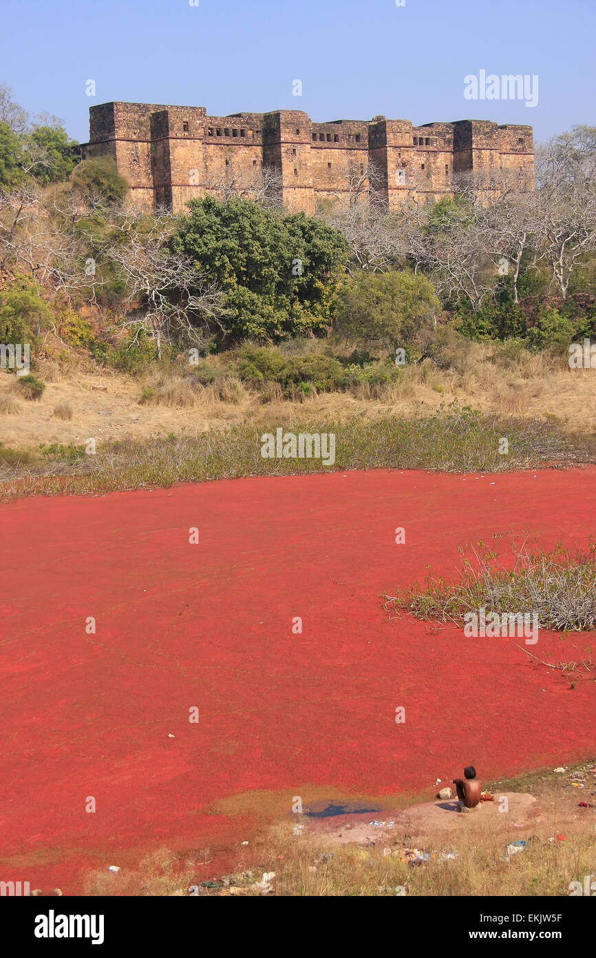 Ranthambore Fort and red lake, Rajasthan, India Stock Photo