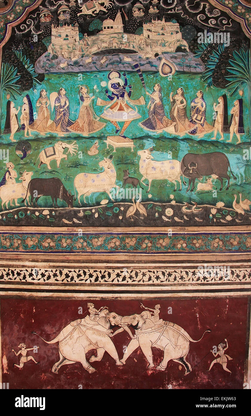 Colorful wall paintings in Chitrashala, Bundi Palace, Rajasthan, India Stock Photo