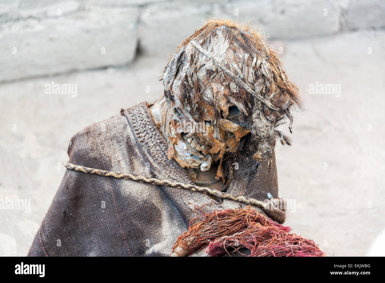 Closeup of one of the mummies of the ancient Chauchilla culture in Nazca, Peru Stock Photo