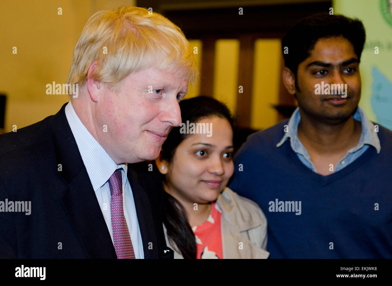 Uxbridge, Middlesex, UK, 10th Apr, 2015. Boris Johnson Conservative candidate to become MP Uxbridge and South Ruislip talks to residents at Hustings Credit:  Prixpics/Alamy Live News Stock Photo
