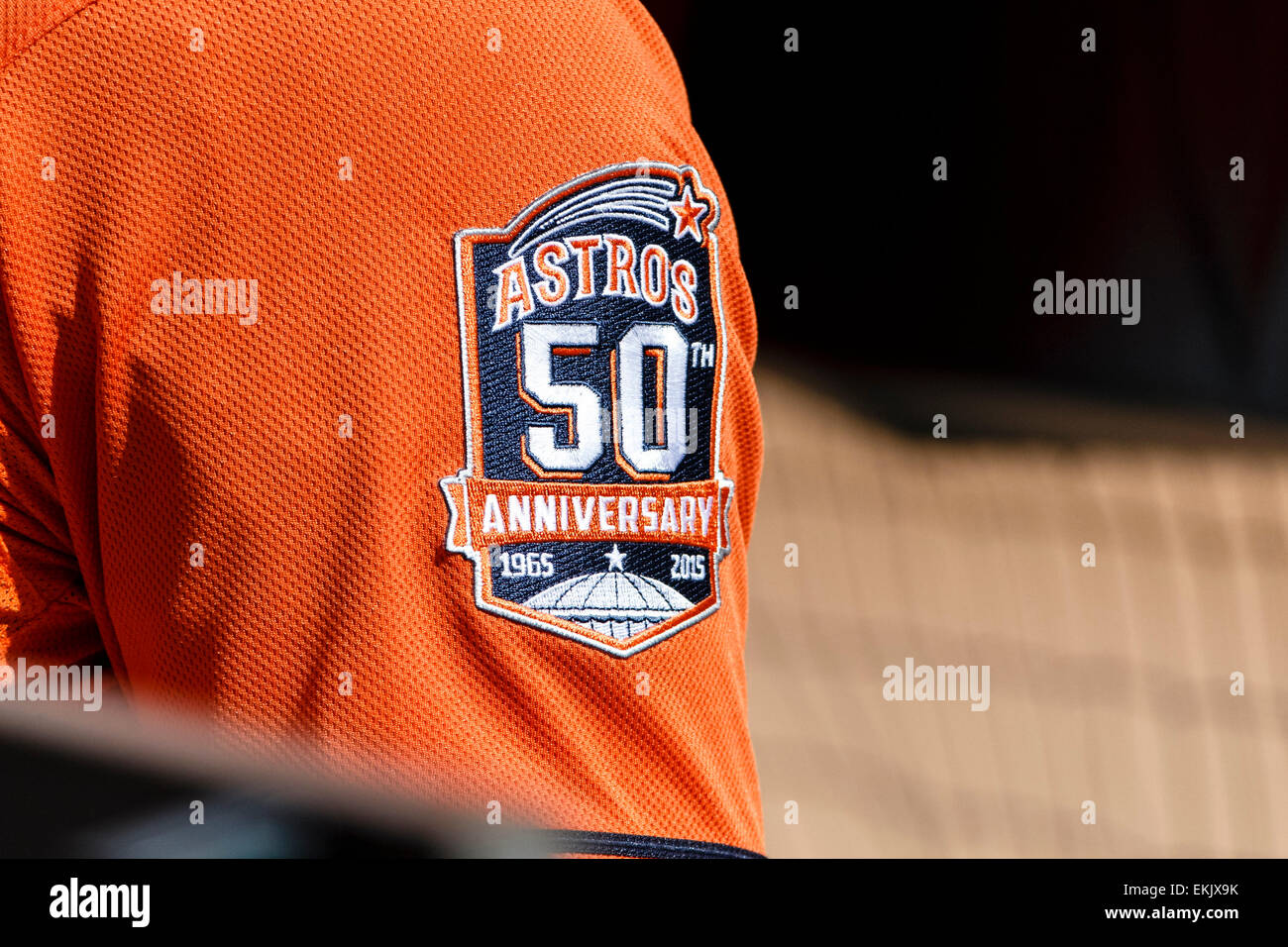 Arlington, TX, USA. 10th Apr, 2015. A Houston Astros 50th Anniversary patch  during the the Major League Baseball game Home Opener between the Houston  Astros and the Texas Rangers at Globe Life