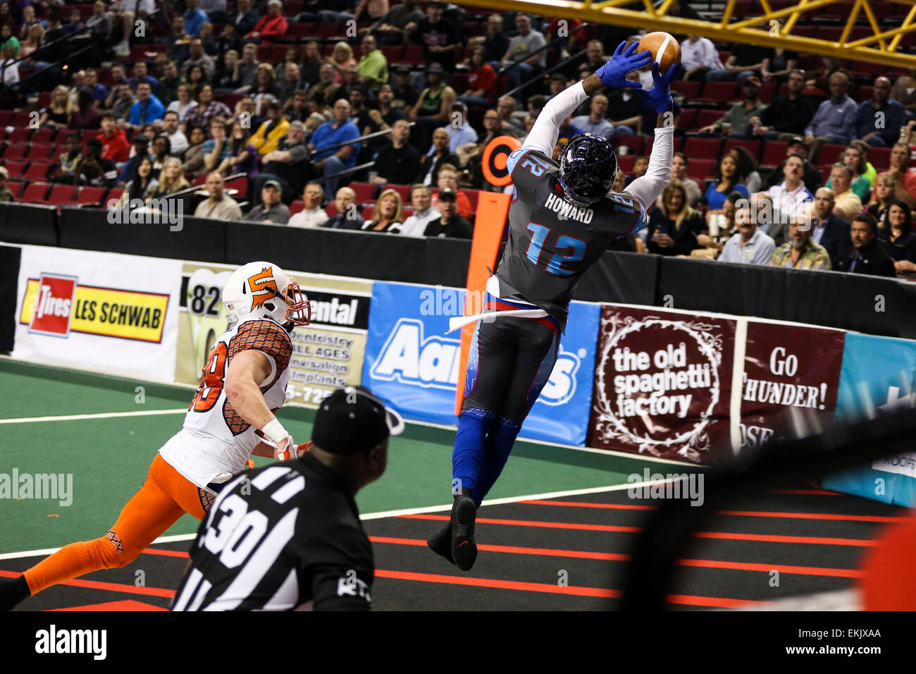 WR JAMAR HOWARD misses a catch in the endzone. The Portland Thunder play the Spokane Shock at the Moda Center on April 9, 2015. 9th Apr, 2015. © David Blair/ZUMA Wire/Alamy Live News Stock Photo
