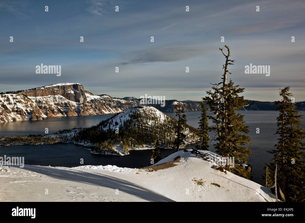 OR02126-00...OREGON - Wizard Island and Llao Rock from the snow covered Rim Drive in Crater Lake National Park. Stock Photo