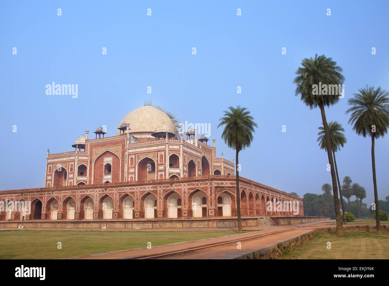 Humayun's Tomb with palm trees, Delhi, India. It was the first garden-tomb on the Indian subcontinent Stock Photo