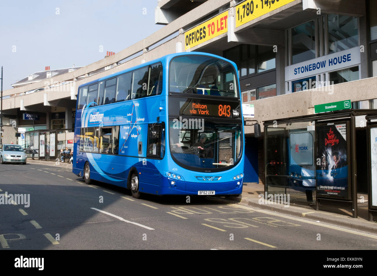 coastliner double decker bus in York 843 malton A64 buses blue - Stock Image