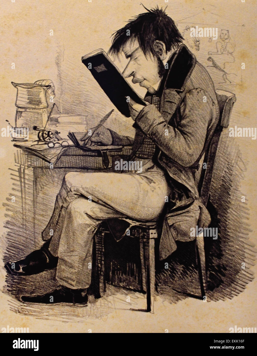 Caricature of the Short-sighted Editor Dr Heinemann  by Andreas Achenbach (1815 – 1910 ) German Germany ( Etching ) Stock Photo