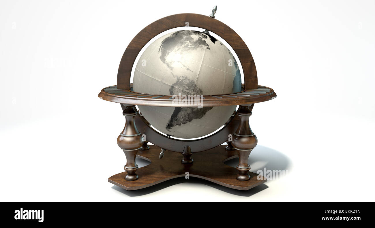 A vintage wooden world globe ornament on an isolated white background ...
