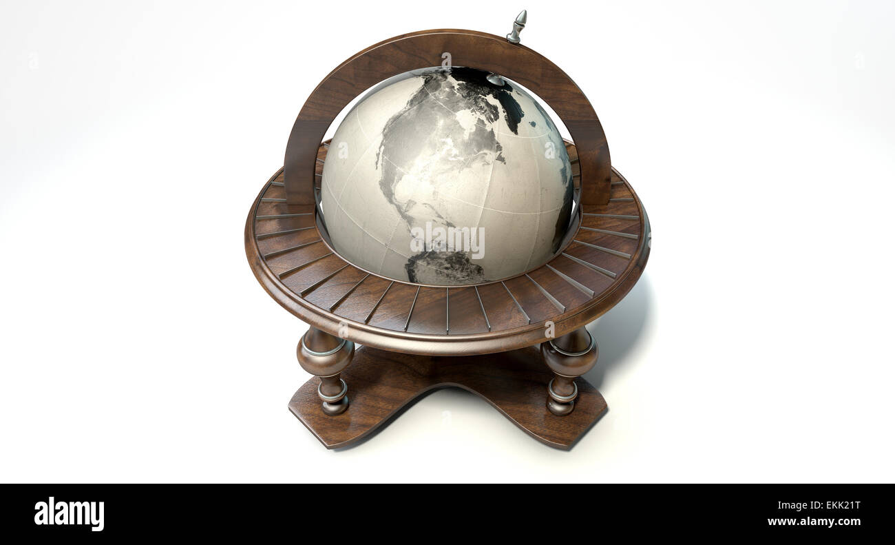 A vintage wooden world globe ornament on an isolated white background ...