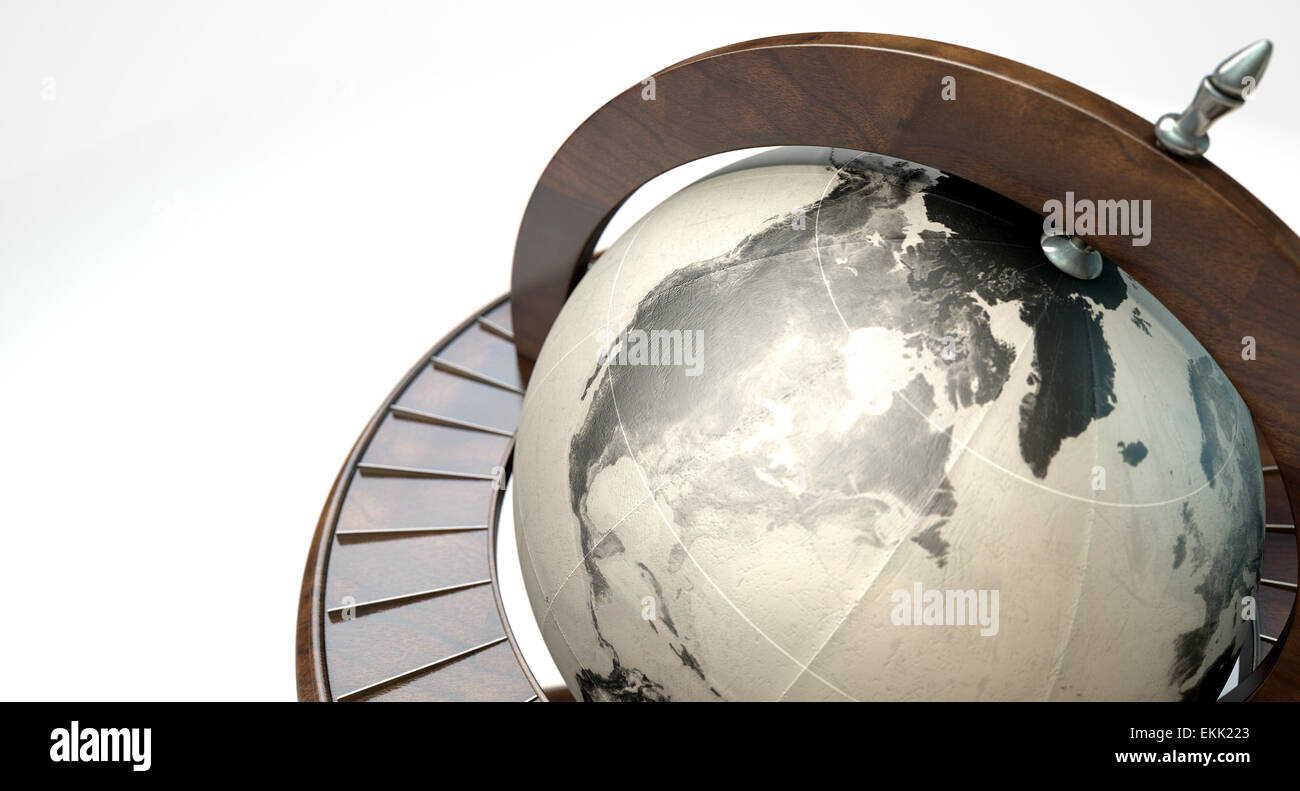 A vintage wooden world globe ornament on an isolated white background ...