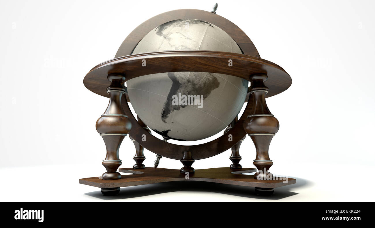 A vintage wooden world globe ornament on an isolated white background ...