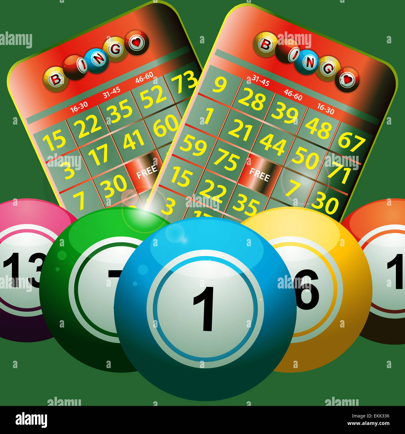 Bingo Balls and Bingo Cards on a Green Background Stock Photo Alamy