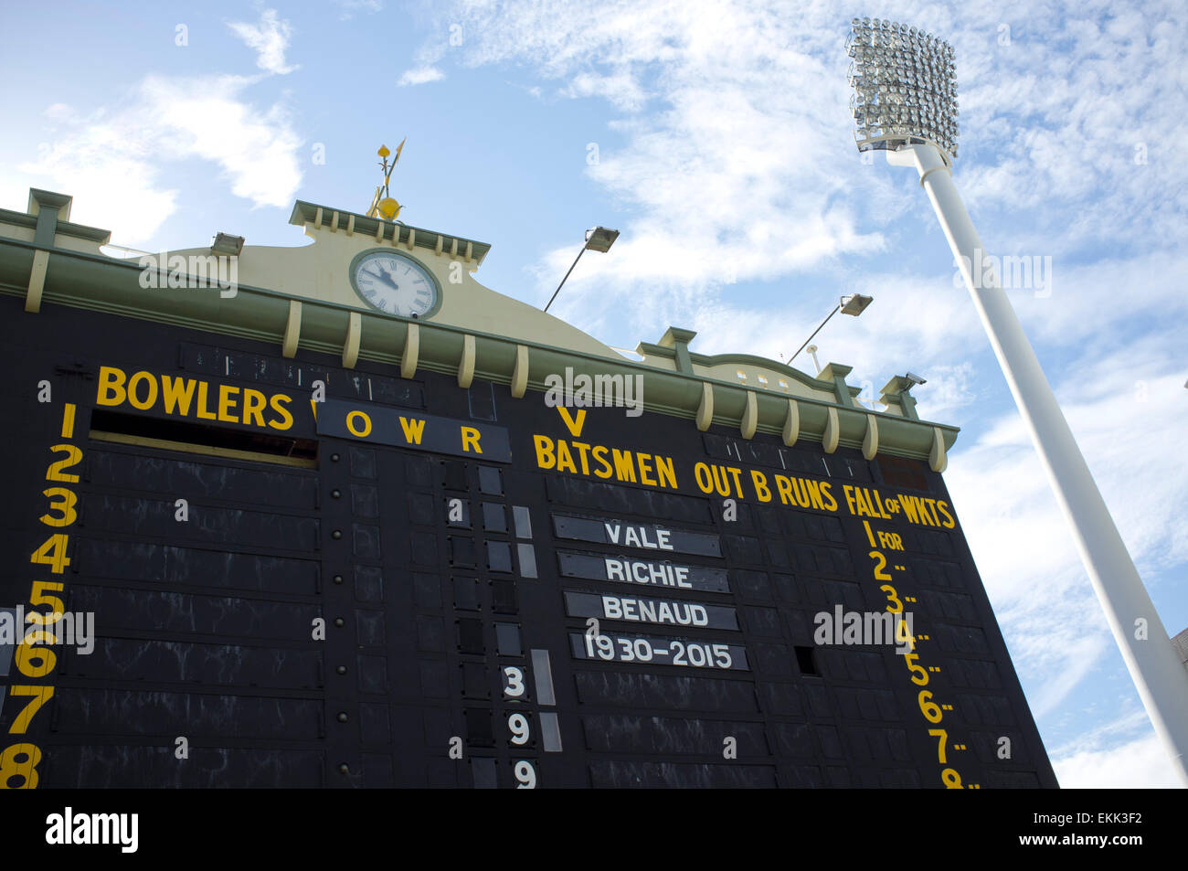 Adelaide, Australia. 11th Apr, 2015. Adelaide Australia 2015. Tribute on the old cricket scoreboard at the Adelaide Oval for Australian cricketer and broadcaster Richie Benaud who died aged 84 from the effects of skin cancer Credit:  amer ghazzal/Alamy Live News Stock Photo