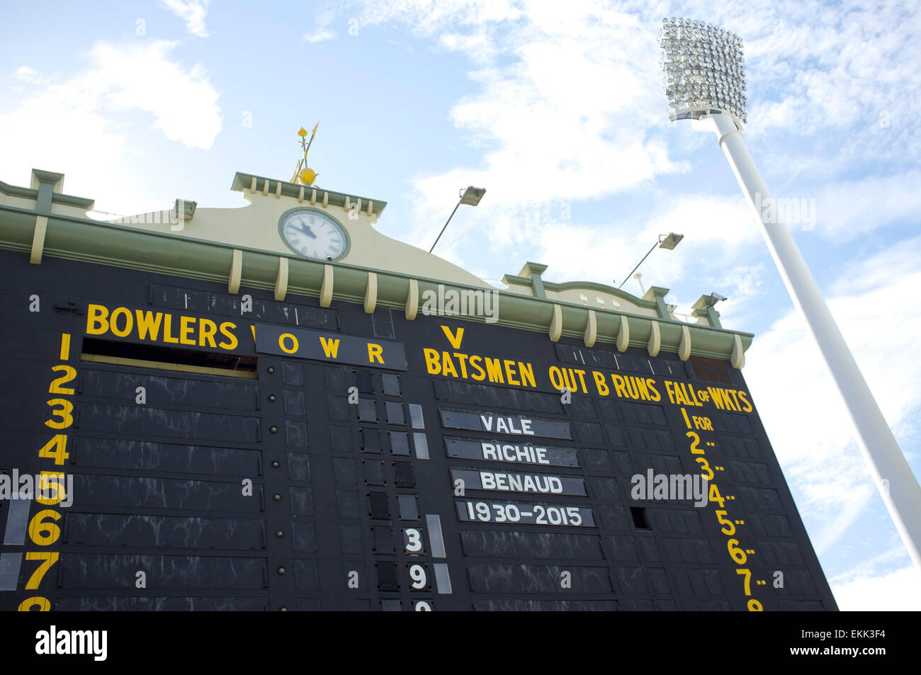 Adelaide, Australia. 11th Apr, 2015. Adelaide Australia. 11th April 2015. Tribute on the old scoreboard at the Adelaide Oval to Australian cricketer and broadcaster Richie Benaud 1930-2015 who died aged 84 from the effects of skin cancer Credit:  amer ghazzal/Alamy Live News Stock Photo