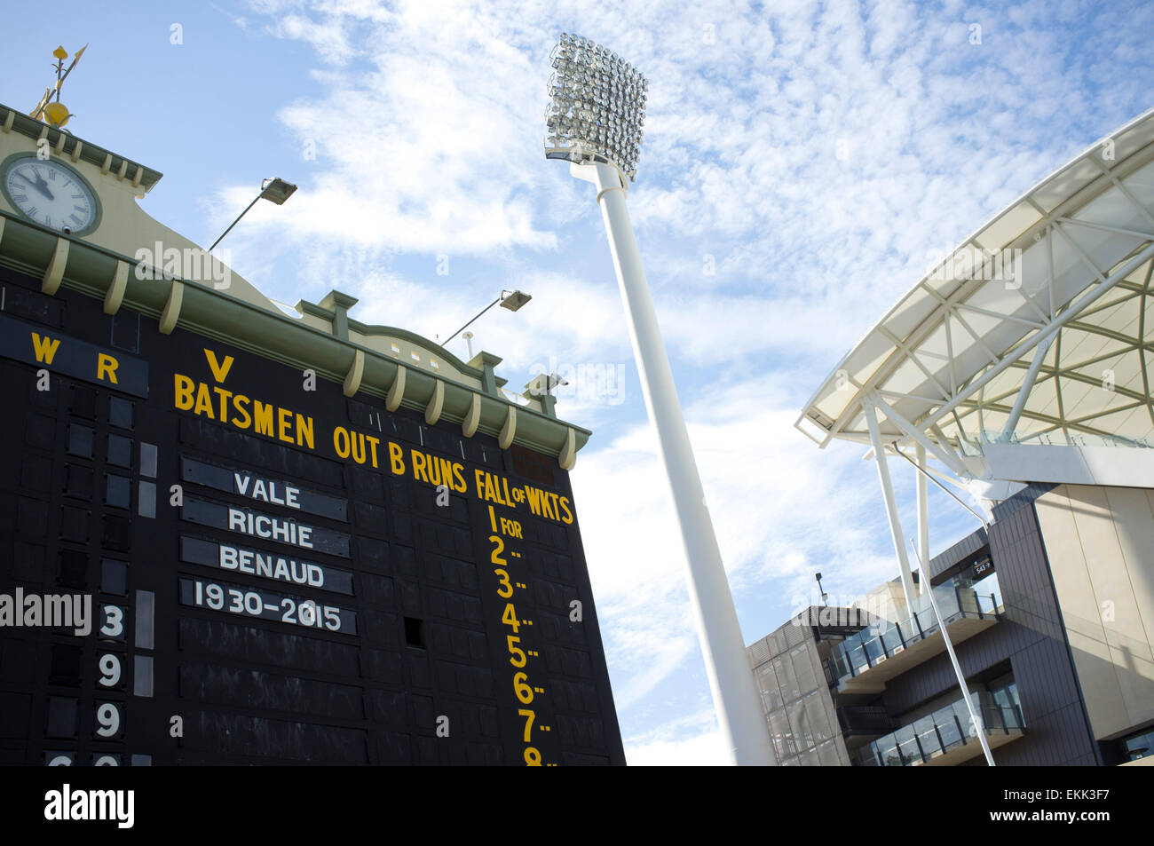 Adelaide, Australia. 11th Apr, 2015. Adelaide Australia. 11th April 2015. Tribute on the old scoreboard at the Adelaide Oval to Australian cricketer and broadcaster Richie Benaud 1930-2015 who died aged 84 from the effects of skin cancer Credit:  amer ghazzal/Alamy Live News Stock Photo