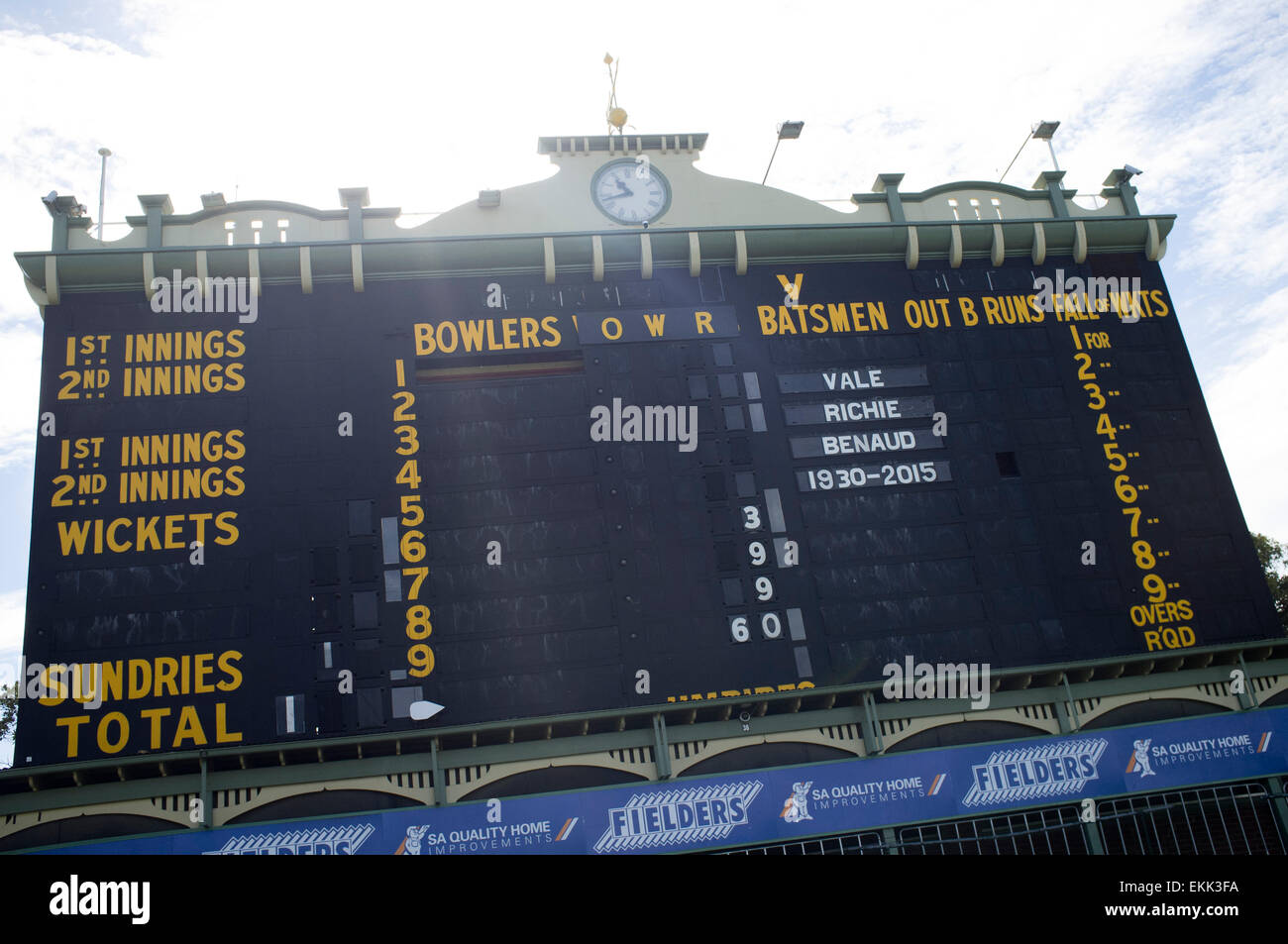 Adelaide, Australia. 11th Apr, 2015. Adelaide Australia 2015. Tribute on the old cricket scoreboard at the Adelaide Oval for Australian cricketer and broadcaster Richie Benaud who died aged 84 from the effects of skin cancer Credit:  amer ghazzal/Alamy Live News Stock Photo
