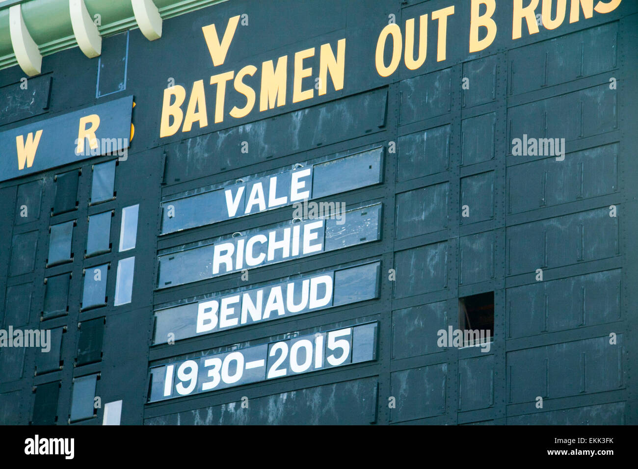 Adelaide, Australia. 11th Apr, 2015. Tribute on the old cricket scoreboard at the Adelaide Oval for Australian cricketer and broadcaster Richie Benaud who died aged 84 from the effects of skin cancer Credit:  amer ghazzal/Alamy Live News Stock Photo